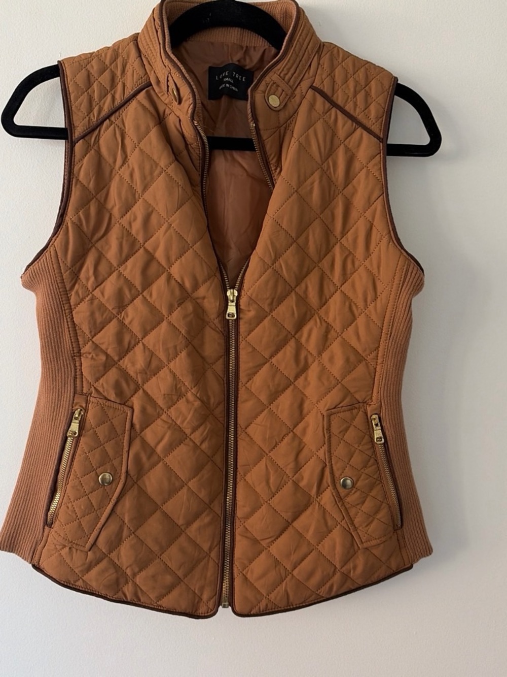 Love Tree Quilted Tan/Brown Sleeveless Vest with Gold Hardware